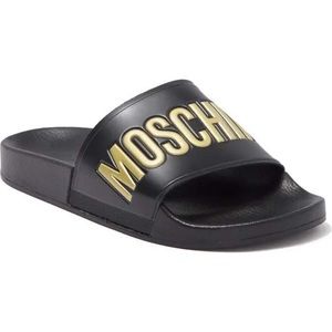 Moschino black and gold slides